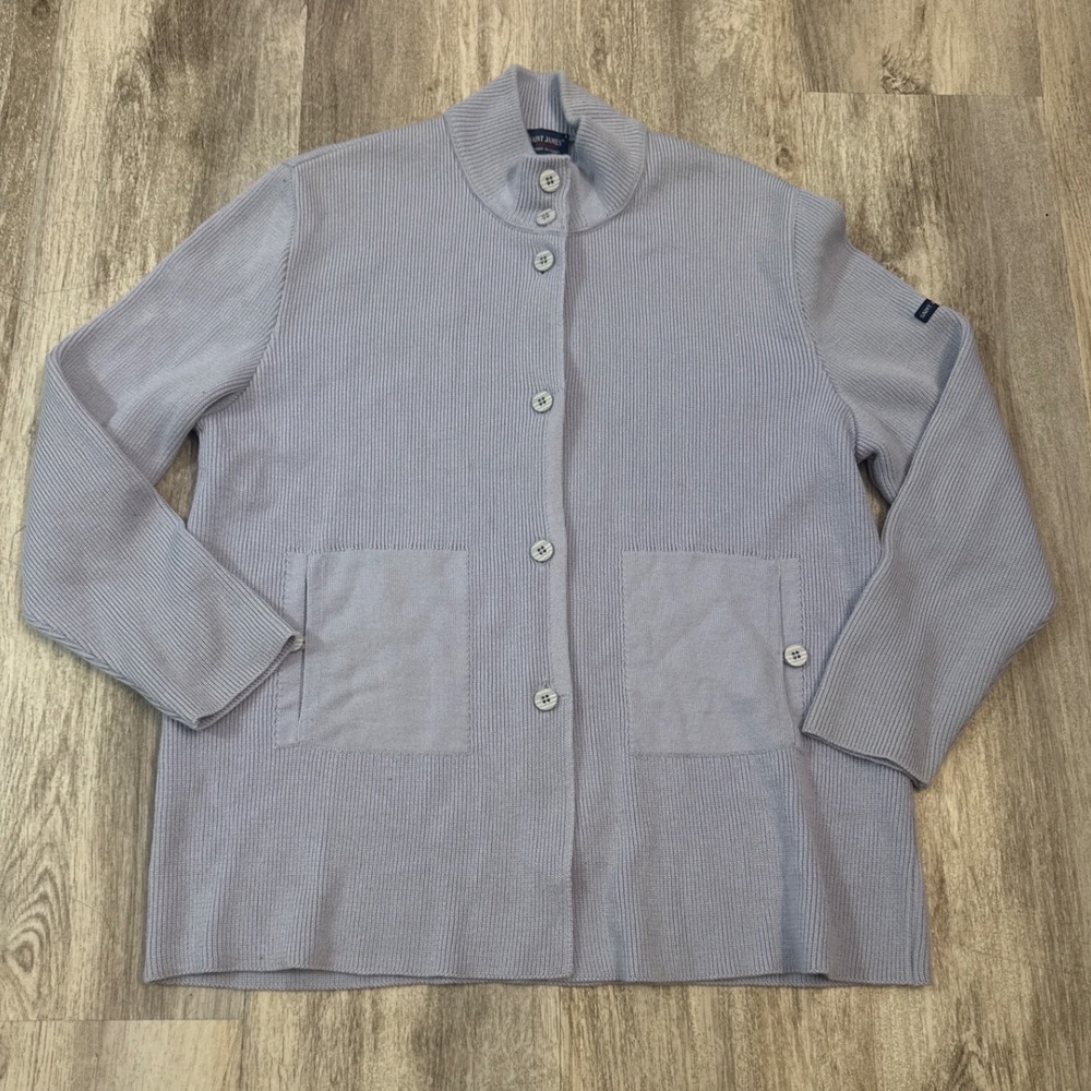 Saint James France Women Periwinkle Blue Ribbed Knit Button Front‎ Cardigan XL